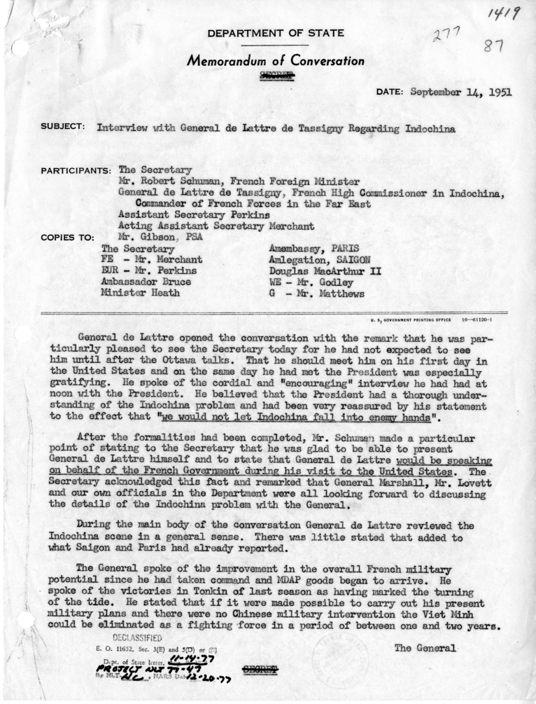 Memorandum of Conversation with Foreign Minister Robert Schuman of France; General Jean de Lattre de Tassigny, French High Commissioner in Indochina, Commander of French Forces in the Far East; George W. Perkins; Livingston Merchant; and William M. Gibson