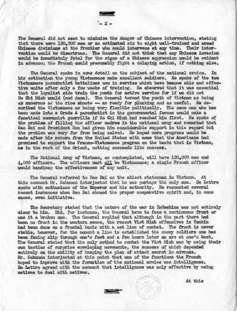 Memorandum of Conversation with Foreign Minister Robert Schuman of France; General Jean de Lattre de Tassigny, French High Commissioner in Indochina, Commander of French Forces in the Far East; George W. Perkins; Livingston Merchant; and William M. Gibson