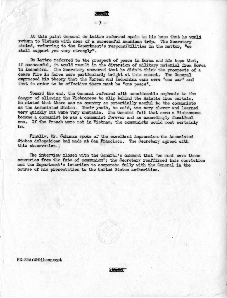 Memorandum of Conversation with Foreign Minister Robert Schuman of France; General Jean de Lattre de Tassigny, French High Commissioner in Indochina, Commander of French Forces in the Far East; George W. Perkins; Livingston Merchant; and William M. Gibson