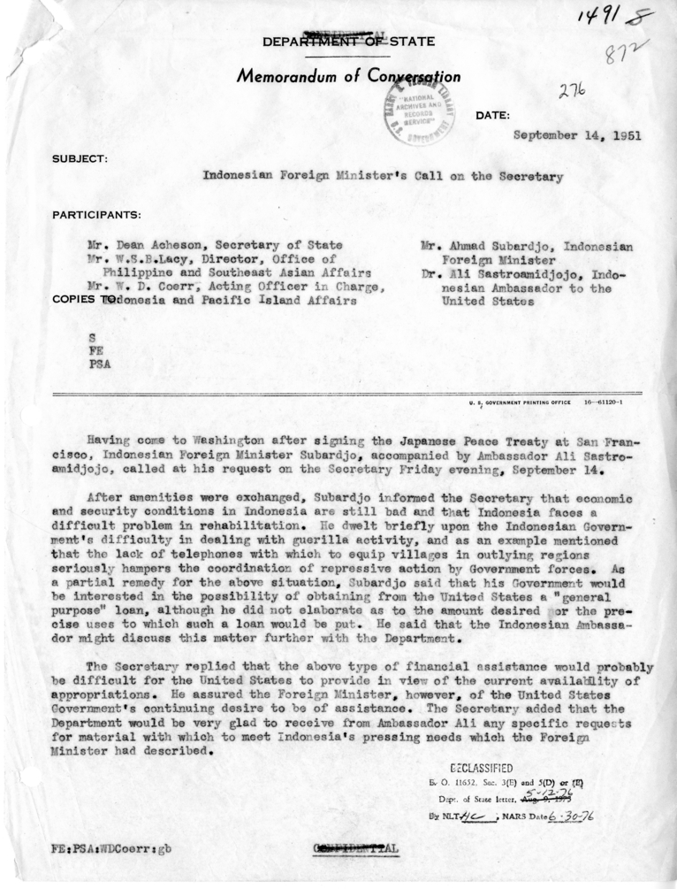 Memorandum of Conversation with Foreign Minister Ahmad Subardjo of Indonesia, Ambassador Ali Sastroamidjojo of Indonesia, William S. B. Lacy, and W. D. Coerr