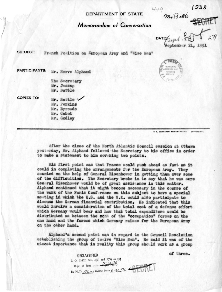 Memorandum of Conversation with Herve Alphand, Philip Jessup, and Lucius D. Battle