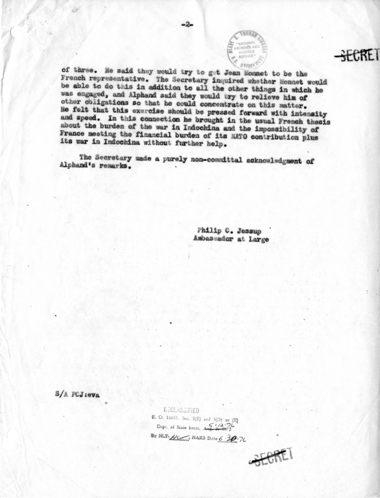Memorandum of Conversation with Herve Alphand, Philip Jessup, and Lucius D. Battle