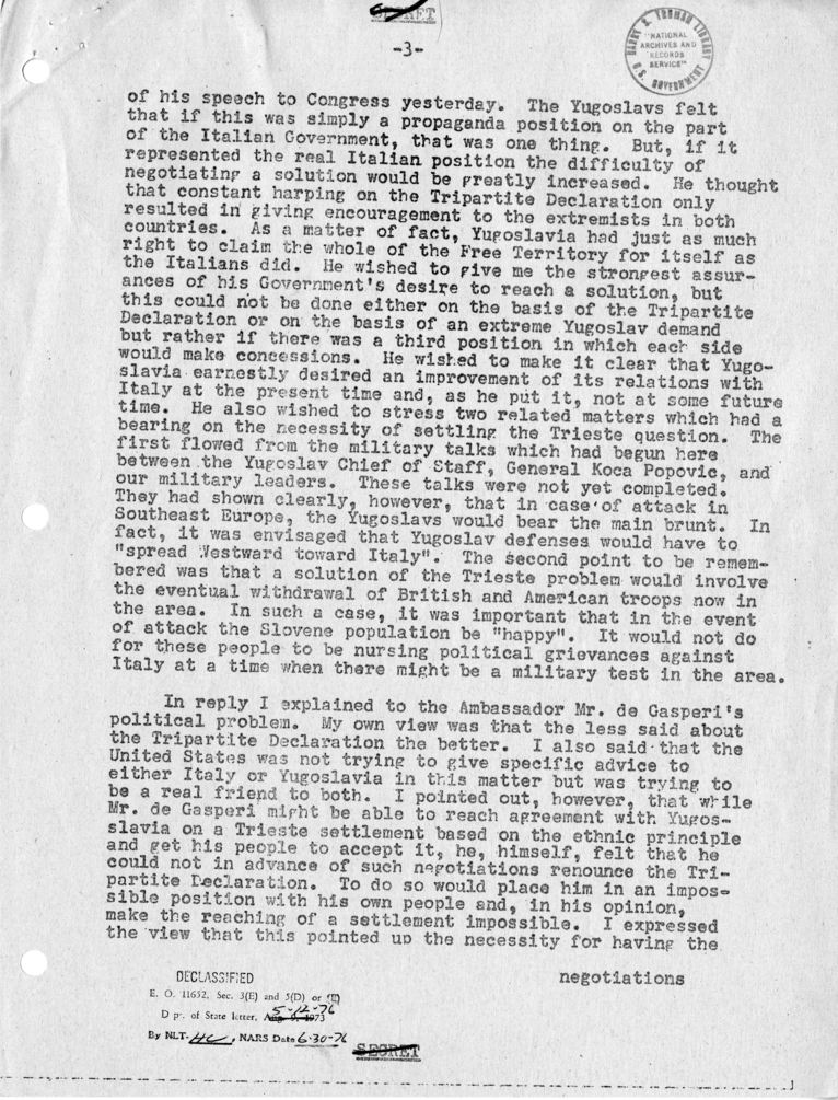 Memorandum of Conversation with Ambassador Vladimir Popovic of Yugoslavia, Mr. Murko Bruner, First Secretary of the Yugoslav Embassy, and James C. H. Bonbright