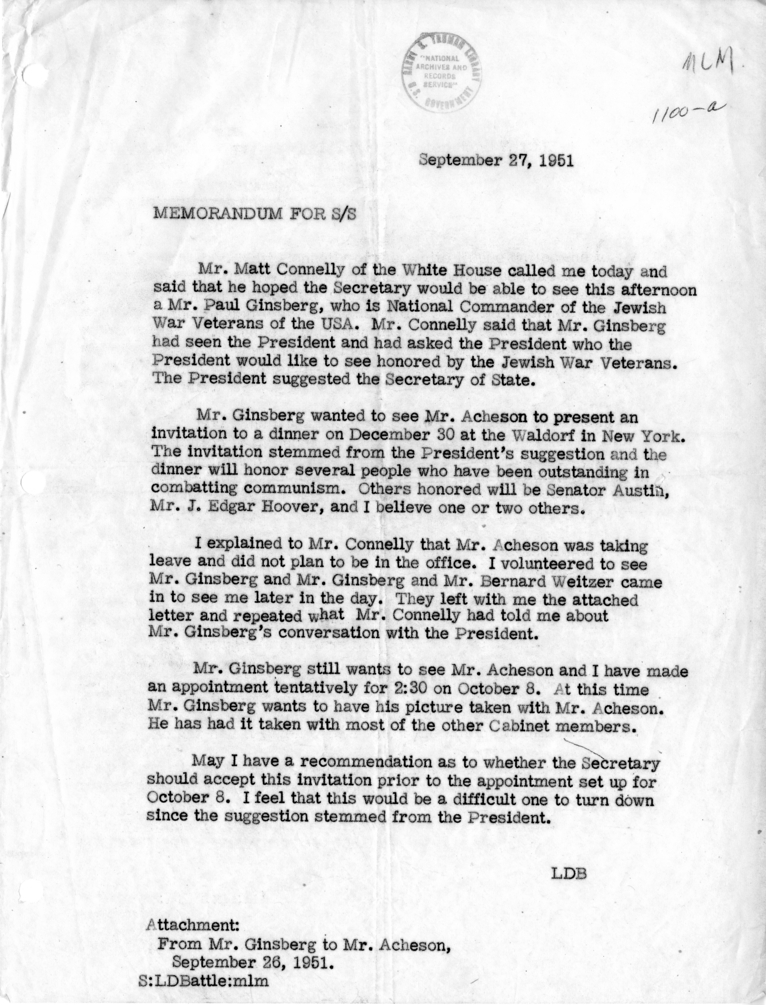 Internal Memorandum from Lucuis D. Battle to Dean Acheson
