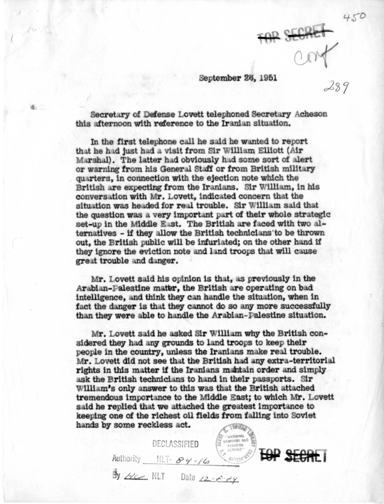 Memorandum of Telephone Conversation with Secretary of Defense Robert Lovett