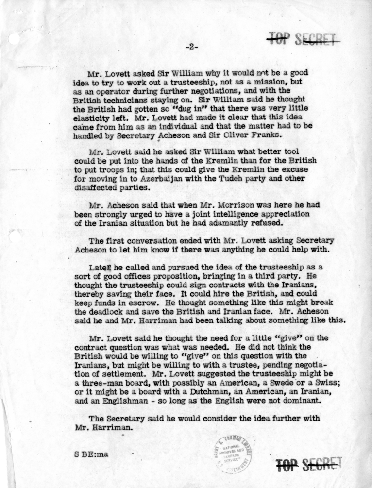 Memorandum of Telephone Conversation with Secretary of Defense Robert Lovett