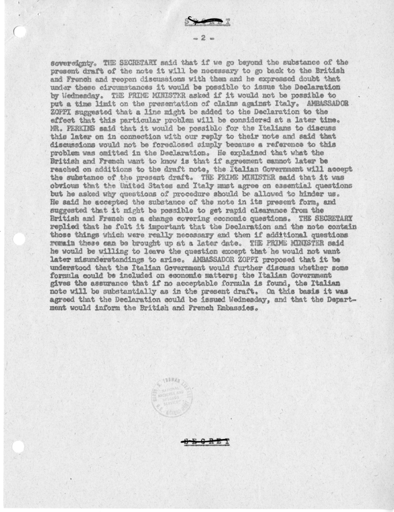 Memorandum of Conversation with Prime Minister Alcide de Gasperi of Italy, Ambassador Alberto Tarchiani of Italy, Secretary-General of the Foreign Ministry of Italy Vittorio Zoppi, United States Ambassador to Italy James Dunn, George W. Perkins, and Other