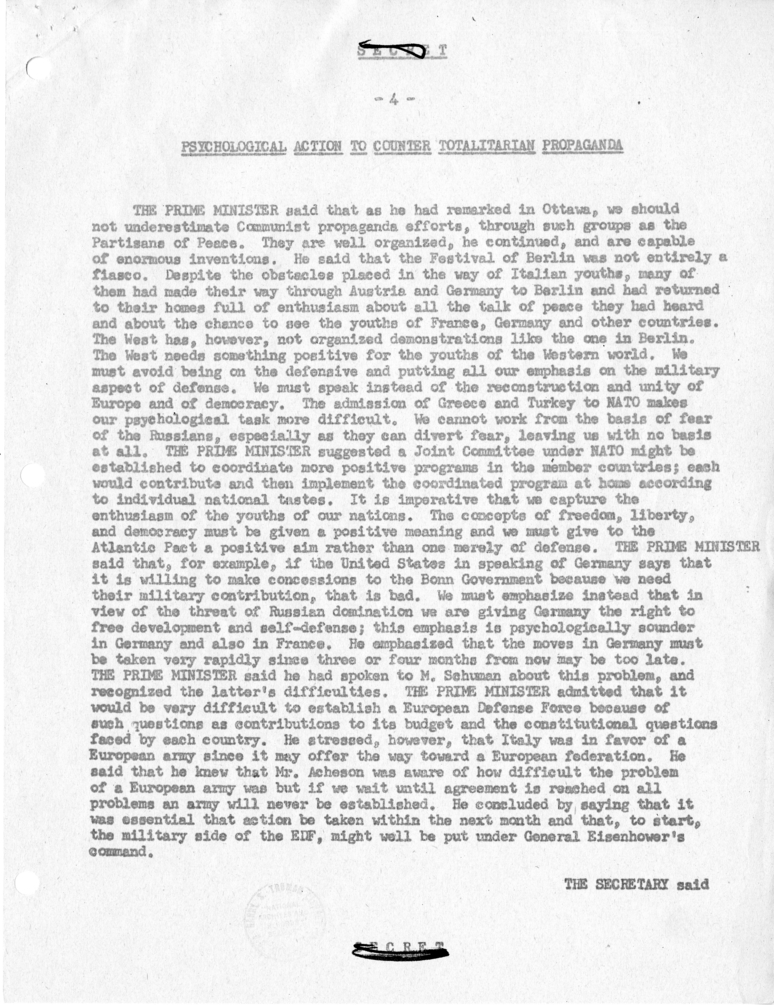 Memorandum of Conversation with Prime Minister Alcide de Gasperi of Italy, Ambassador Alberto Tarchiani of Italy, Secretary-General of the Foreign Ministry of Italy Vittorio Zoppi, United States Ambassador to Italy James Dunn, George W. Perkins, and Other
