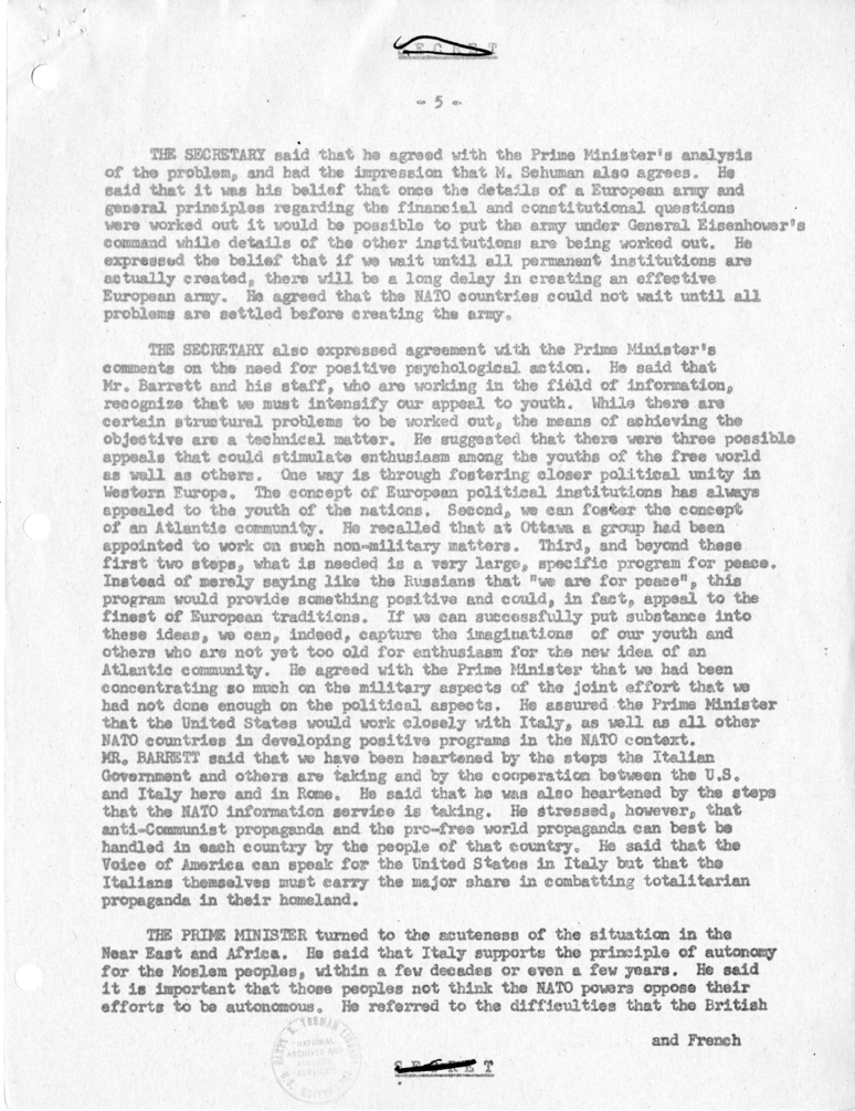 Memorandum of Conversation with Prime Minister Alcide de Gasperi of Italy, Ambassador Alberto Tarchiani of Italy, Secretary-General of the Foreign Ministry of Italy Vittorio Zoppi, United States Ambassador to Italy James Dunn, George W. Perkins, and Other