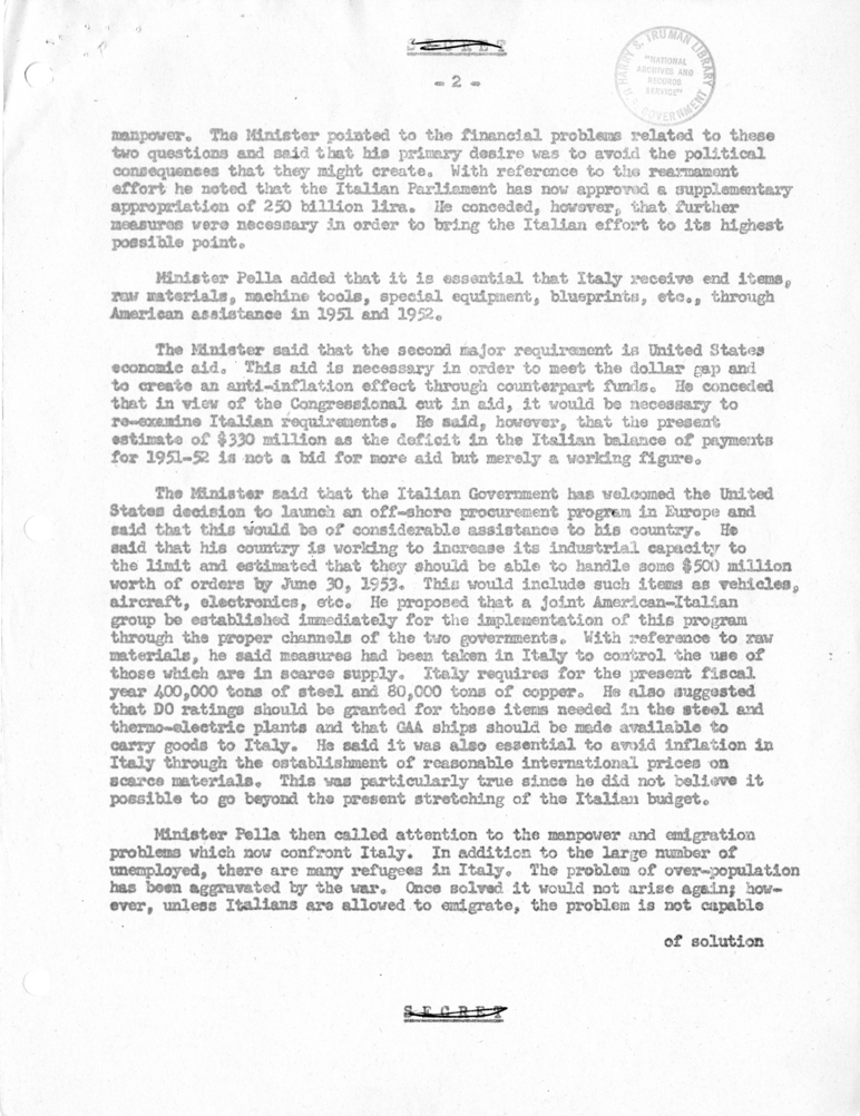 Memorandum of Conversation with Prime Minister Alcide DeGasperi of Italy, Ambassador Alberto Tarchiani of Italy, United States Ambassador to Italy James C. Dunn, and Others