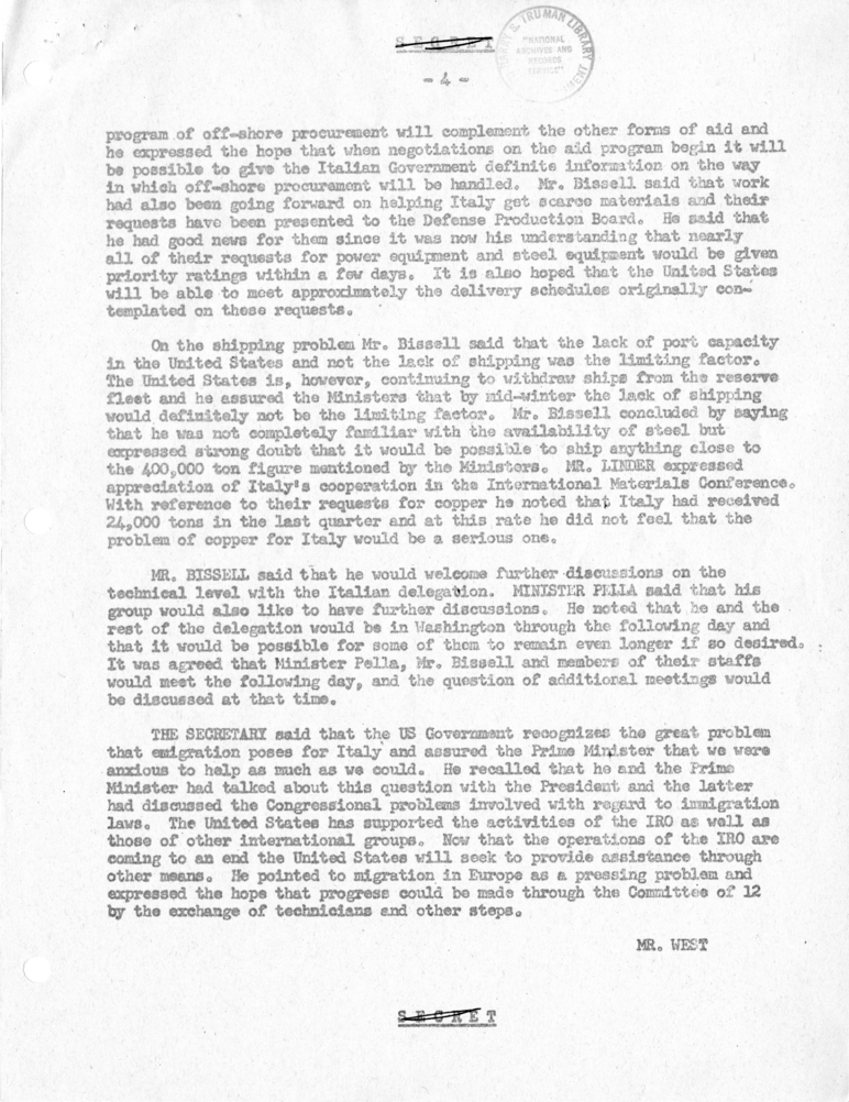 Memorandum of Conversation with Prime Minister Alcide DeGasperi of Italy, Ambassador Alberto Tarchiani of Italy, United States Ambassador to Italy James C. Dunn, and Others