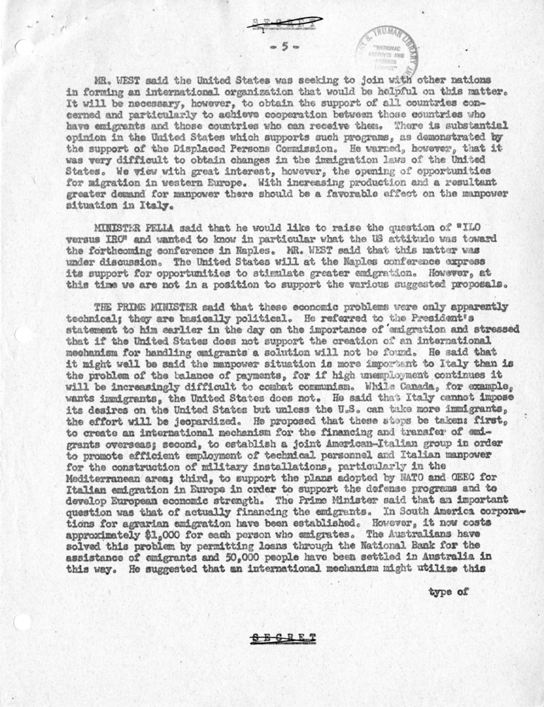 Memorandum of Conversation with Prime Minister Alcide DeGasperi of Italy, Ambassador Alberto Tarchiani of Italy, United States Ambassador to Italy James C. Dunn, and Others