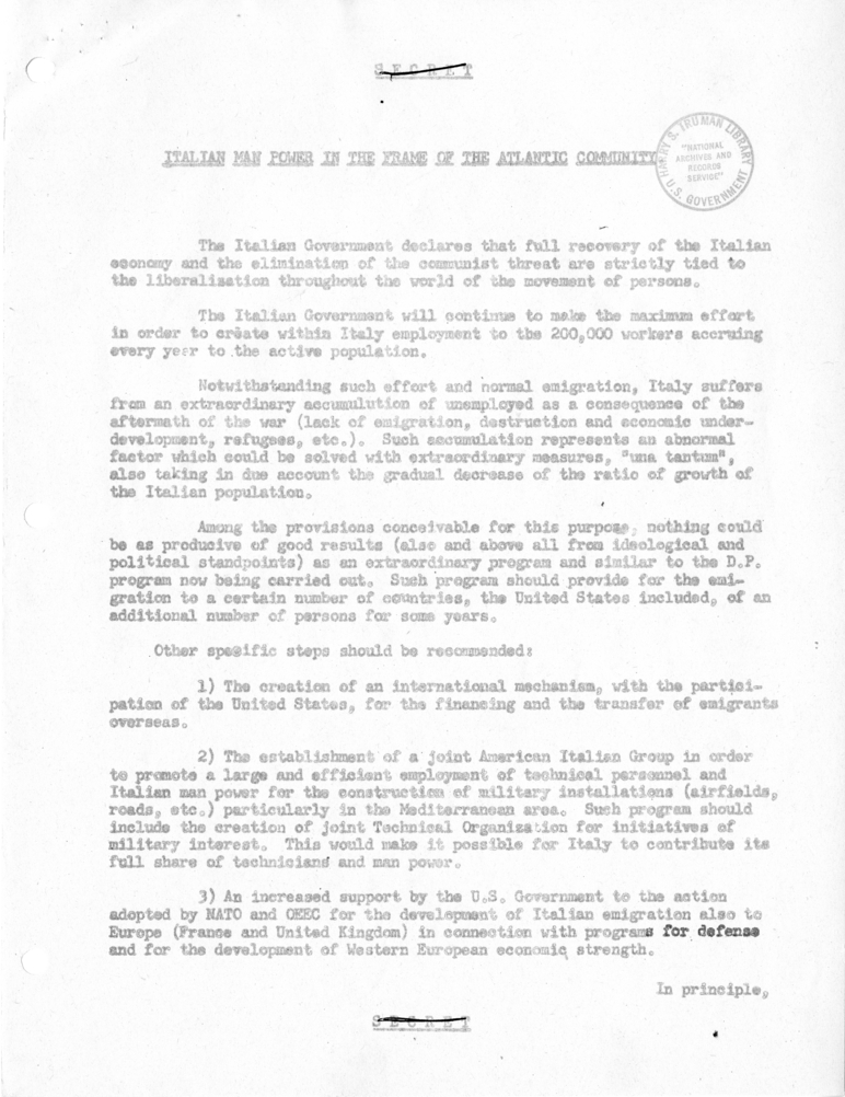 Memorandum of Conversation with Prime Minister Alcide DeGasperi of Italy, Ambassador Alberto Tarchiani of Italy, United States Ambassador to Italy James C. Dunn, and Others