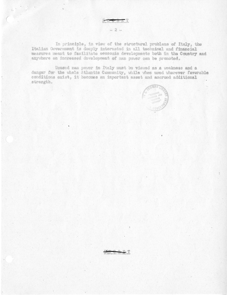 Memorandum of Conversation with Prime Minister Alcide DeGasperi of Italy, Ambassador Alberto Tarchiani of Italy, United States Ambassador to Italy James C. Dunn, and Others