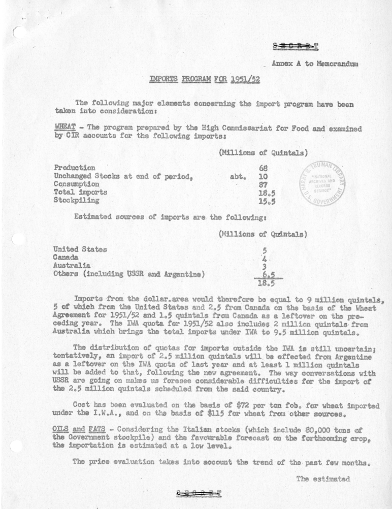 Memorandum of Conversation with Prime Minister Alcide DeGasperi of Italy, Ambassador Alberto Tarchiani of Italy, United States Ambassador to Italy James C. Dunn, and Others