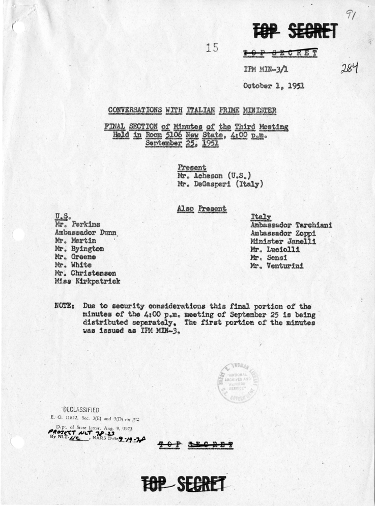 Memorandum of Conversation with Prime Minister Alcide de Gasperi of Italy, with Others Present