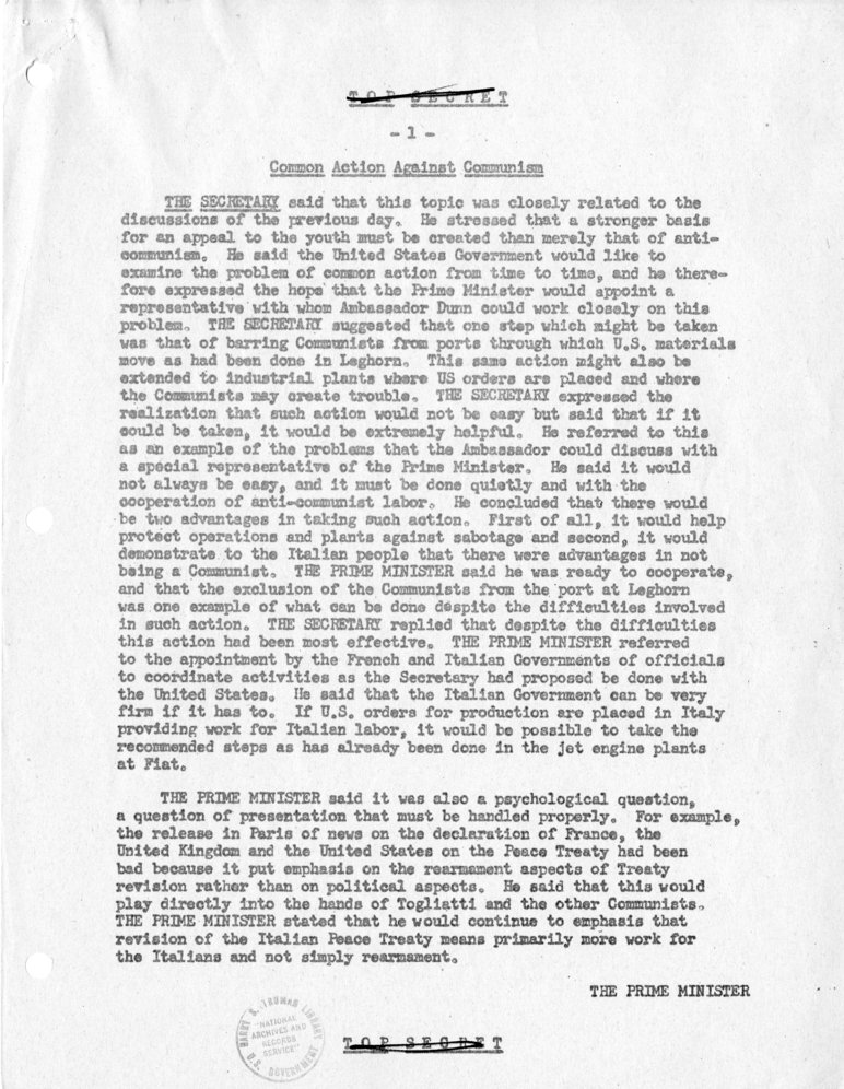 Memorandum of Conversation with Prime Minister Alcide de Gasperi of Italy, with Others Present