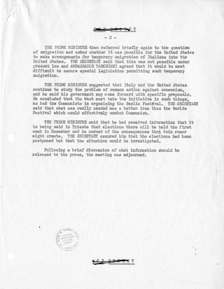 Memorandum of Conversation with Prime Minister Alcide de Gasperi of Italy, with Others Present