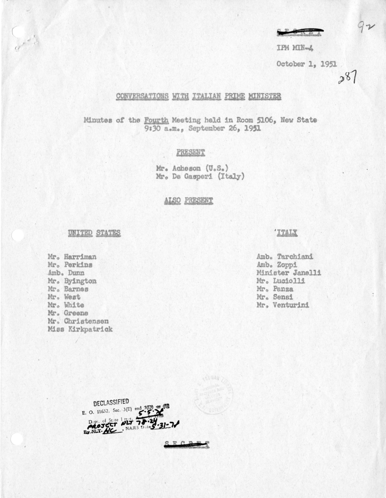 Memorandum of Conversation with the Prime Minister of Italy Alcide de Gasperi, with Others Present