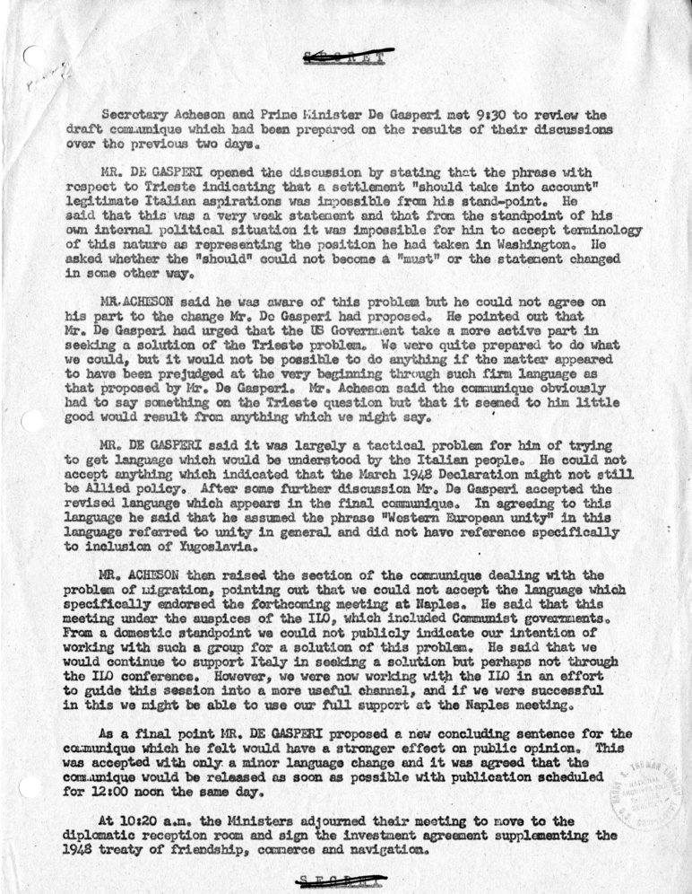 Memorandum of Conversation with the Prime Minister of Italy Alcide de Gasperi, with Others Present