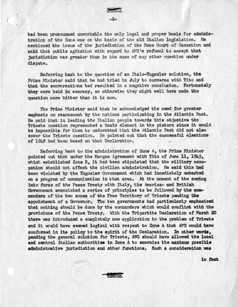 Memorandum of Conversation with Prime Minister Alcide DeGasperi of Italy; Ambassador Alberto Tarchiani of Italy, United States Ambassador to Italy James C. Dunn; George W. Perkins, and Homer Byington, U.S.