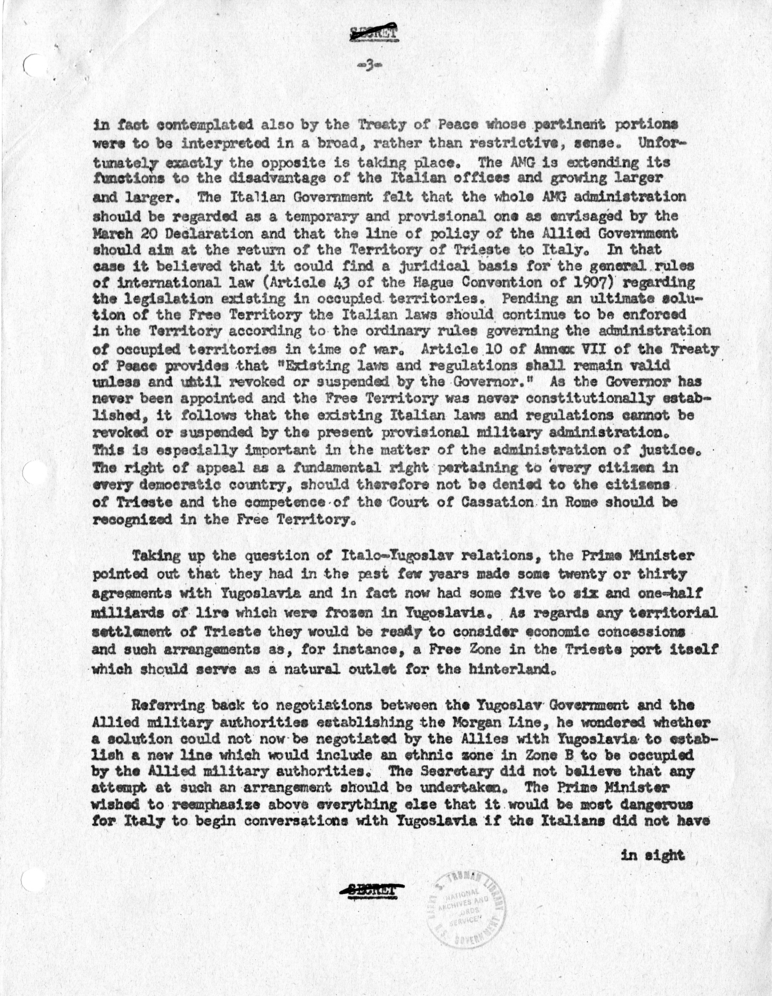 Memorandum of Conversation with Prime Minister Alcide DeGasperi of Italy; Ambassador Alberto Tarchiani of Italy, United States Ambassador to Italy James C. Dunn; George W. Perkins, and Homer Byington, U.S.