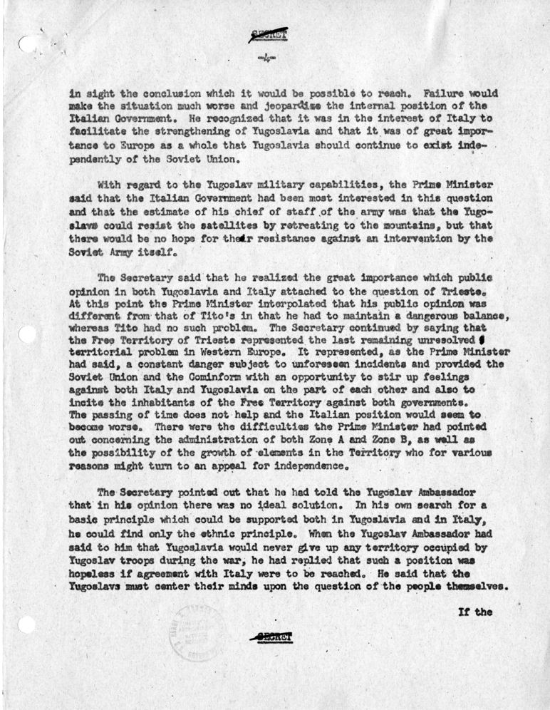 Memorandum of Conversation with Prime Minister Alcide DeGasperi of Italy; Ambassador Alberto Tarchiani of Italy, United States Ambassador to Italy James C. Dunn; George W. Perkins, and Homer Byington, U.S.
