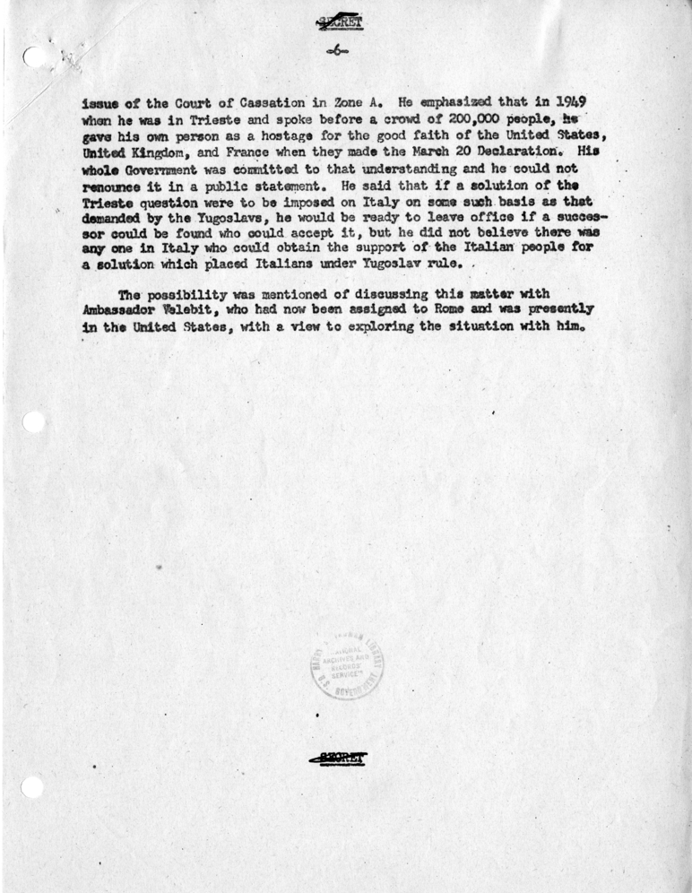 Memorandum of Conversation with Prime Minister Alcide DeGasperi of Italy; Ambassador Alberto Tarchiani of Italy, United States Ambassador to Italy James C. Dunn; George W. Perkins, and Homer Byington, U.S.