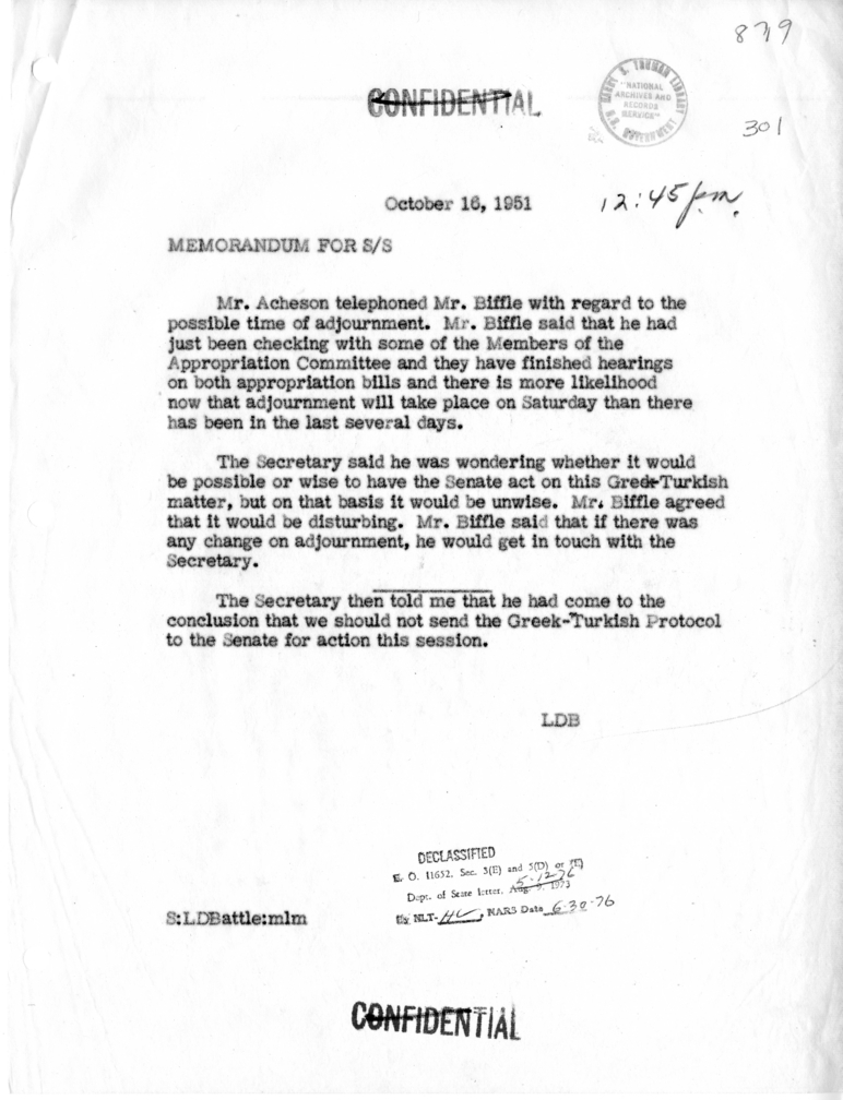Memorandum of Telephone Conversation with Leslie Biffle