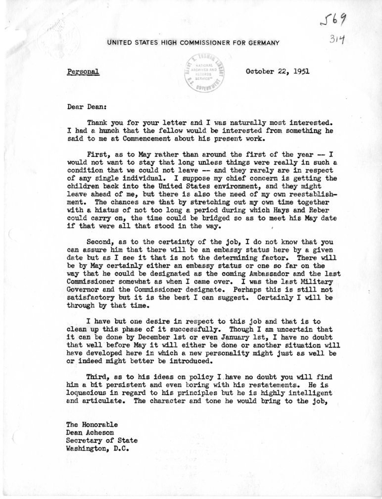 Letter from Henry A. Byroade to Dean Acheson, with Attached Correspondence Between Dean Acheson and John J. McCloy