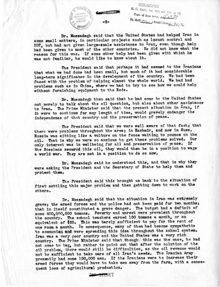 Memorandum of Conversation with President Harry S. Truman, Prime Minister Mohammad Mosaddeq of Iran and Lieutenant Colonel Walters