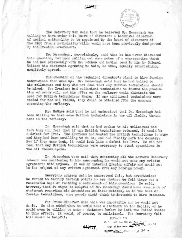 Memorandum of Conversation with Prime Minister Mohammad Mosaddeq of Iran, Assistant Secretary of State George C. McGhee, Paul Nitze and Lieutenant Colonel Walters