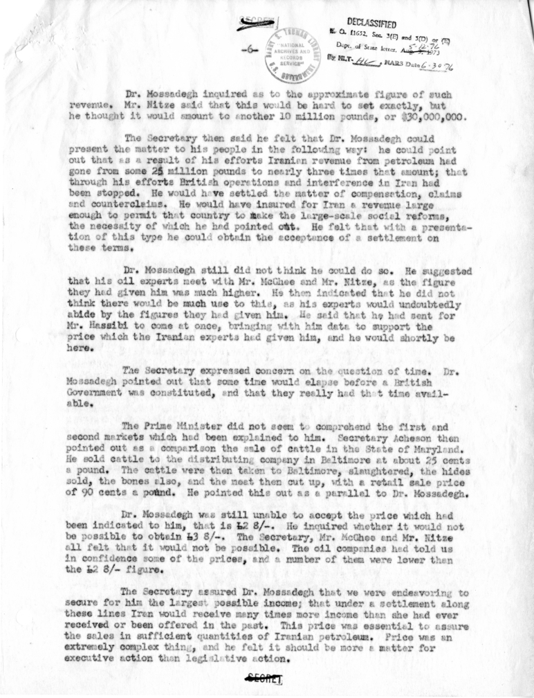 Memorandum of Conversation with Prime Minister Mohammad Mosaddeq of Iran, Assistant Secretary of State George C. McGhee, Paul Nitze and Lieutenant Colonel Walters