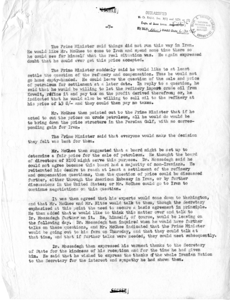 Memorandum of Conversation with Prime Minister Mohammad Mosaddeq of Iran, Assistant Secretary of State George C. McGhee, Paul Nitze and Lieutenant Colonel Walters