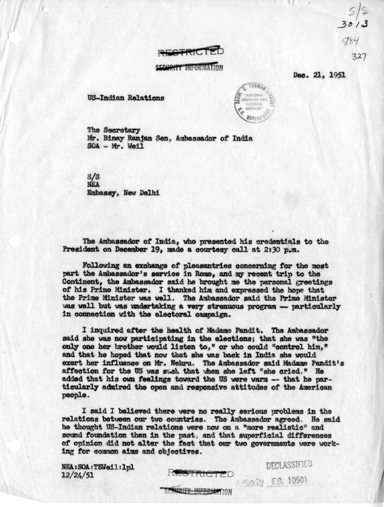 Memorandum of Conversation with Binay Ranjan Sen, Ambassador of India, and T. Eliot Weil