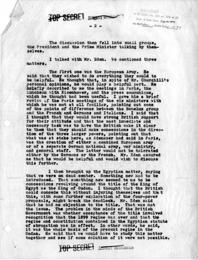 Memorandum of Dinner Meeting Between President Harry S. Truman and Prime Minister Winston Churchill of Great Britain