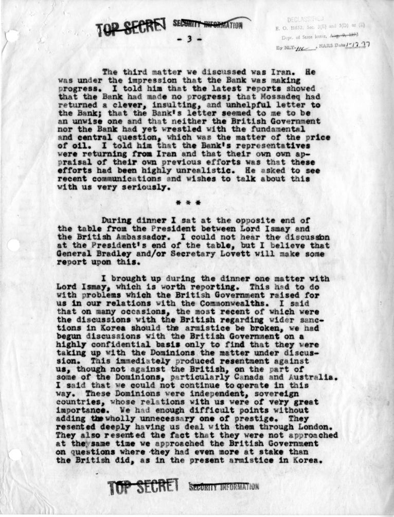 Memorandum of Dinner Meeting Between President Harry S. Truman and Prime Minister Winston Churchill of Great Britain