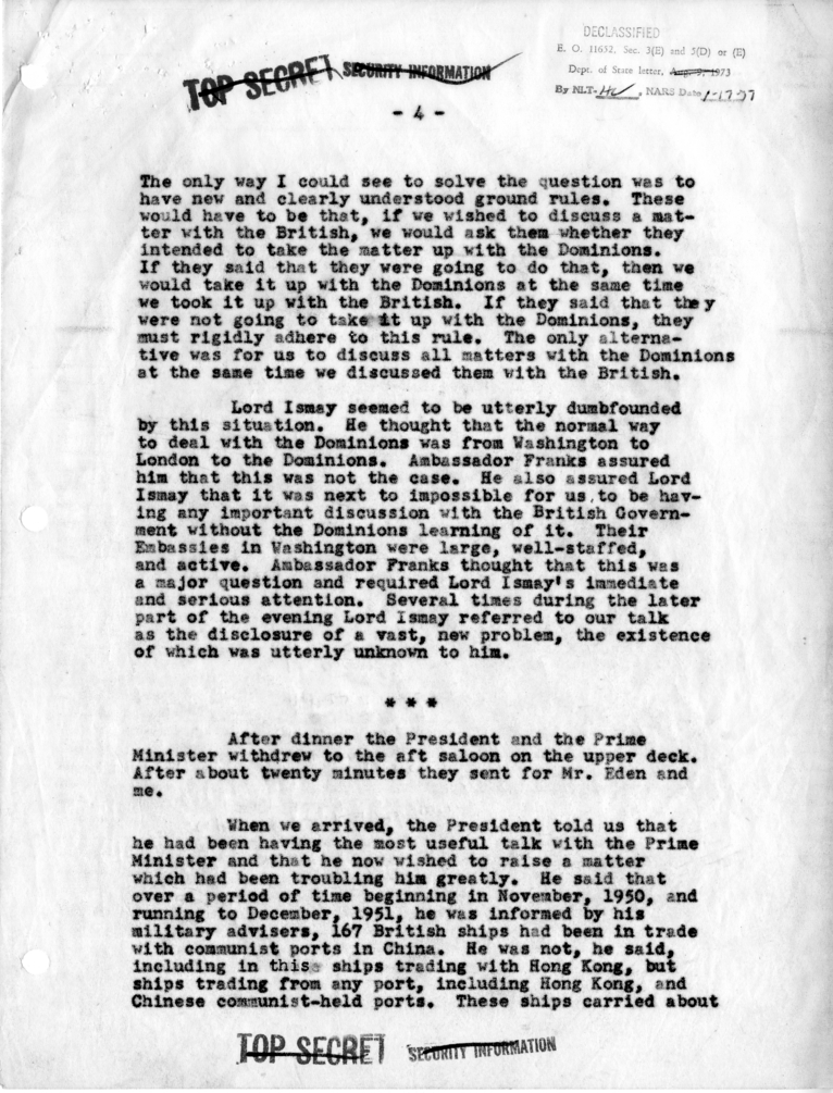 Memorandum of Dinner Meeting Between President Harry S. Truman and Prime Minister Winston Churchill of Great Britain