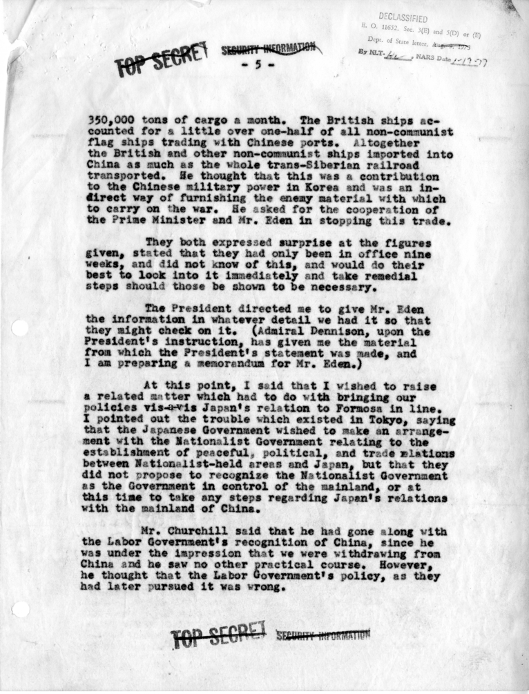 Memorandum of Dinner Meeting Between President Harry S. Truman and Prime Minister Winston Churchill of Great Britain