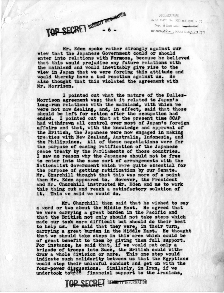 Memorandum of Dinner Meeting Between President Harry S. Truman and Prime Minister Winston Churchill of Great Britain