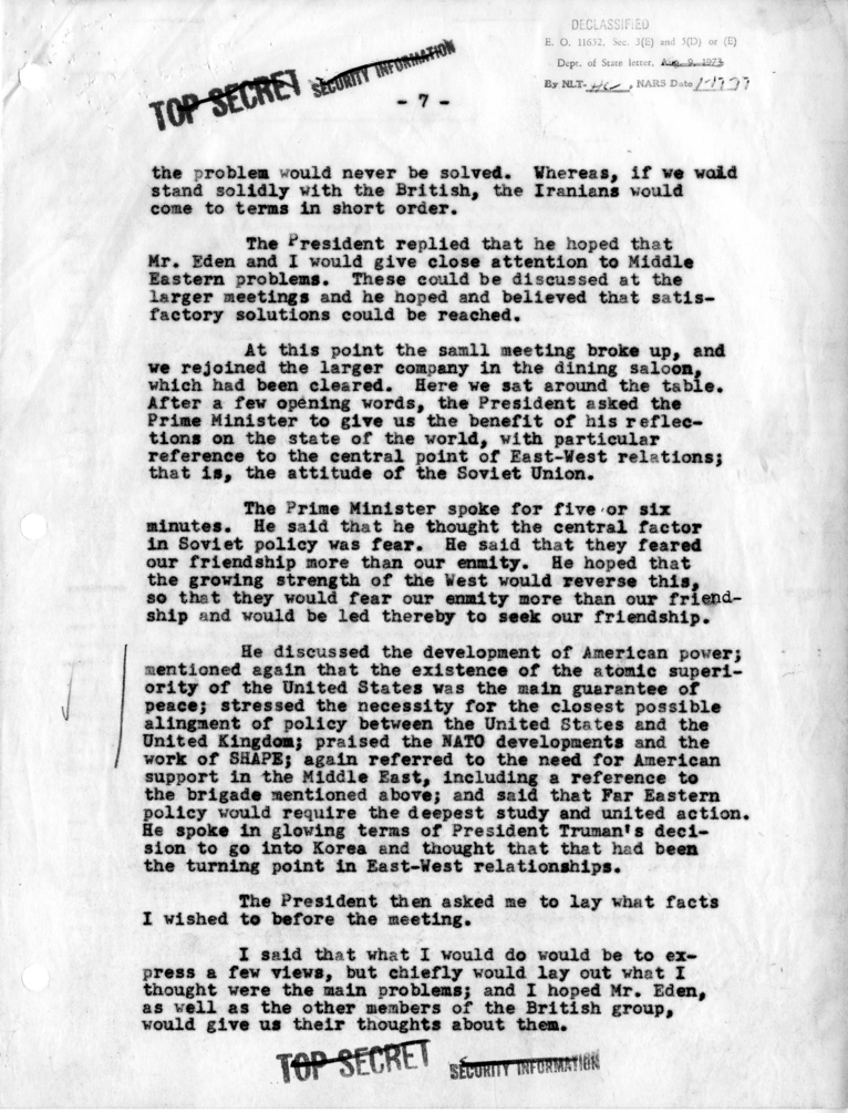 Memorandum of Dinner Meeting Between President Harry S. Truman and Prime Minister Winston Churchill of Great Britain