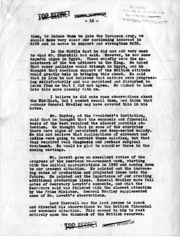 Memorandum of Dinner Meeting Between President Harry S. Truman and Prime Minister Winston Churchill of Great Britain