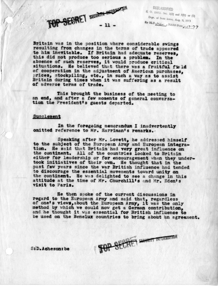 Memorandum of Dinner Meeting Between President Harry S. Truman and Prime Minister Winston Churchill of Great Britain