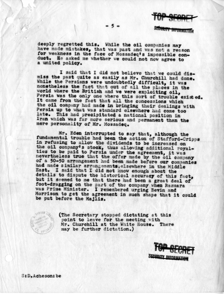 Memorandum of Conversation with Prime Minister Winston Churchill of Great Britain; Ambassador Sir Oliver Franks of Great Britain; Anthony Eden; Lord Frederick Cherwell; Secretary of Defense Robert Lovett; and General Omar Bradley