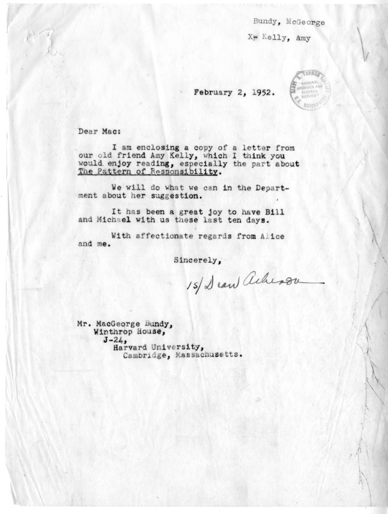 Correspondence Between Mr. McGeorge Bundy and Secretary of State Dean Acheson, with Attachments