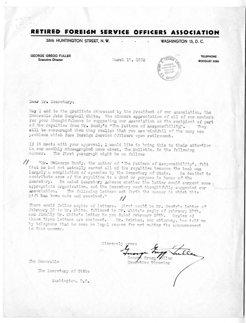 Correspondence Between Mr. McGeorge Bundy and Secretary of State Dean Acheson, with Attachments