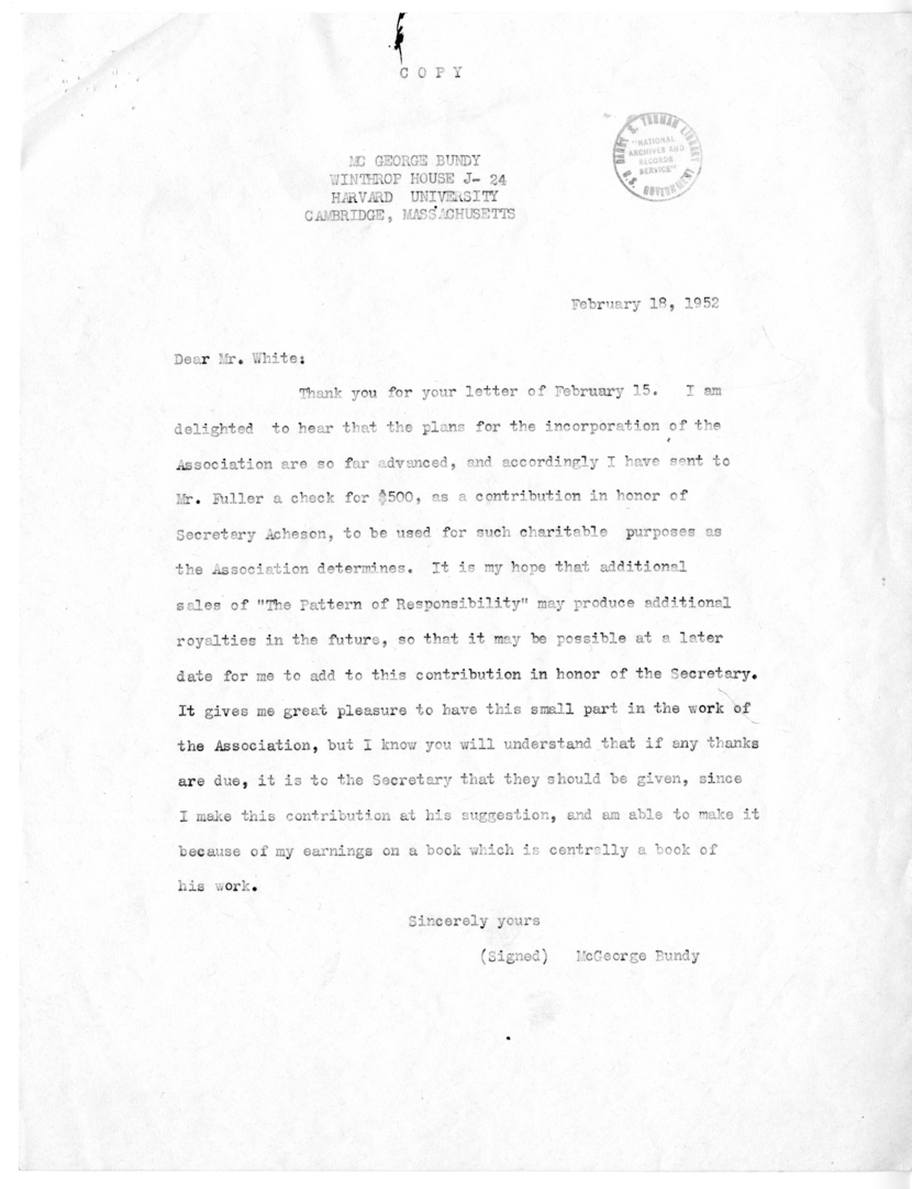 Correspondence Between Mr. McGeorge Bundy and Secretary of State Dean Acheson, with Attachments