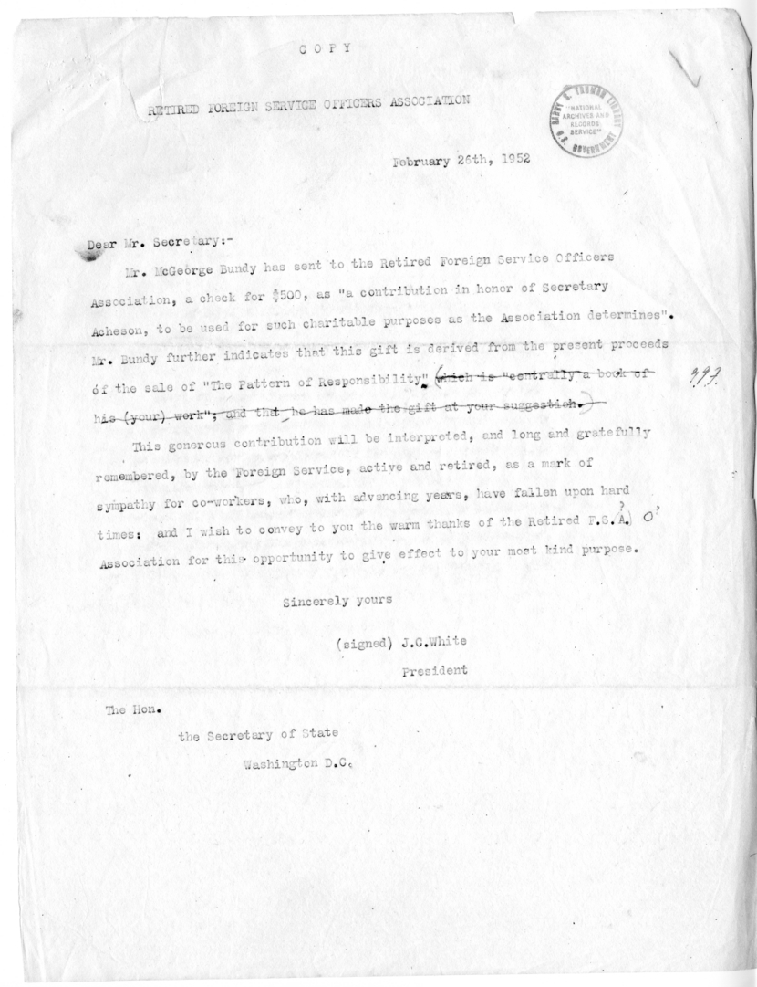 Correspondence Between Mr. McGeorge Bundy and Secretary of State Dean Acheson, with Attachments