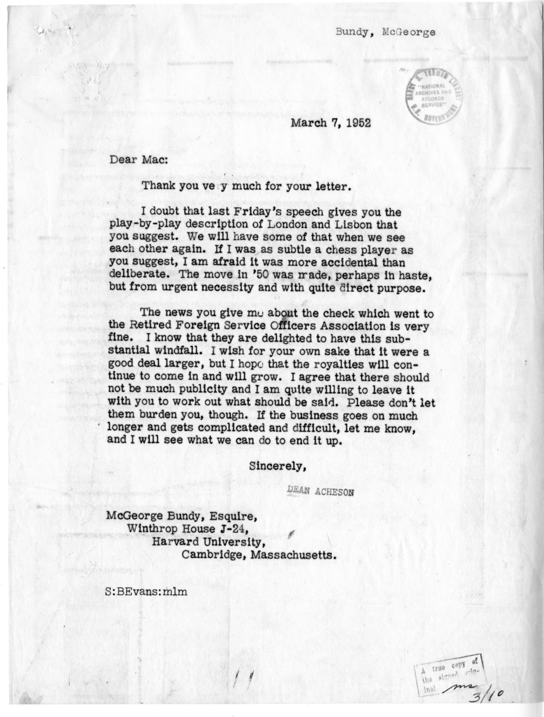 Correspondence Between Mr. McGeorge Bundy and Secretary of State Dean Acheson, with Attachments
