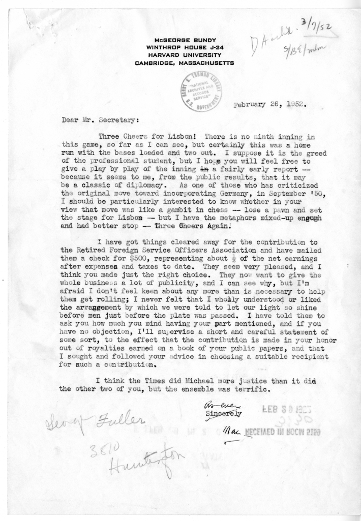 Correspondence Between Mr. McGeorge Bundy and Secretary of State Dean Acheson, with Attachments